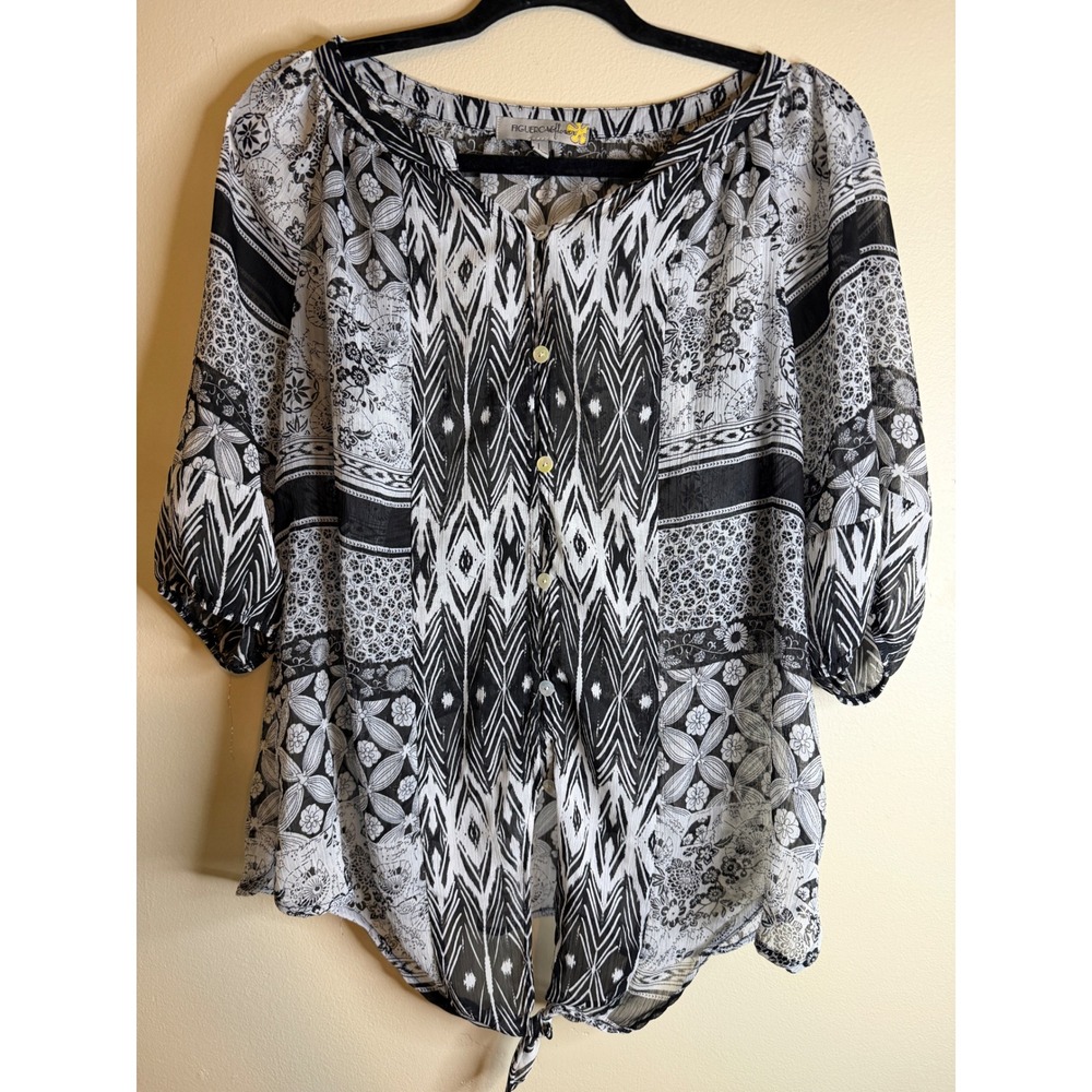 Figueroa & Flower Womens L Black White Patchwork Boho Peasant Blouse